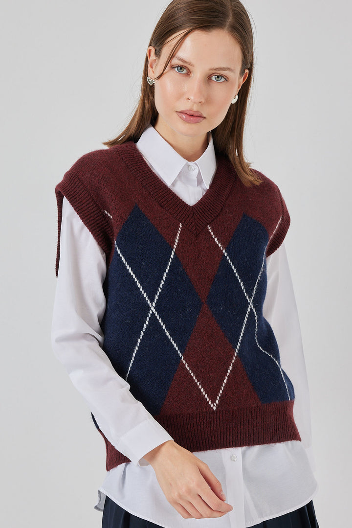 BGD Women Kadın Baklava Desenli Süveter 15940 - Bordo - Amherst