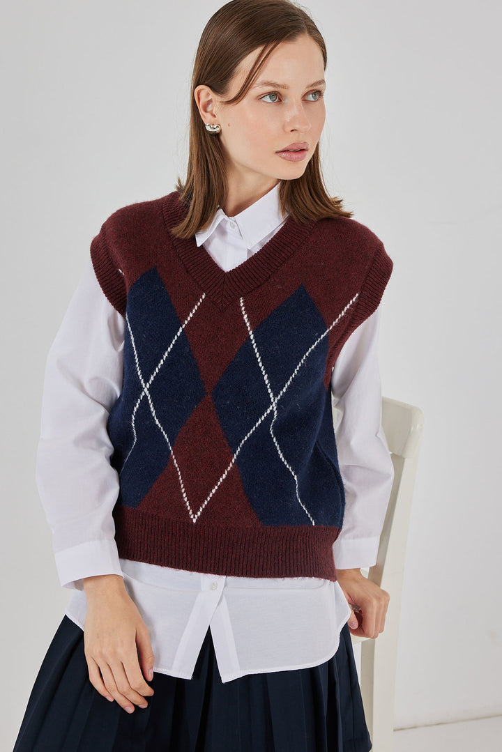 BGD Women Kadın Baklava Desenli Süveter 15940 - Bordo - Amherst