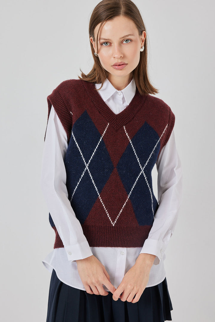 BGD Women Kadın Baklava Desenli Süveter 15940 - Bordo - Amherst