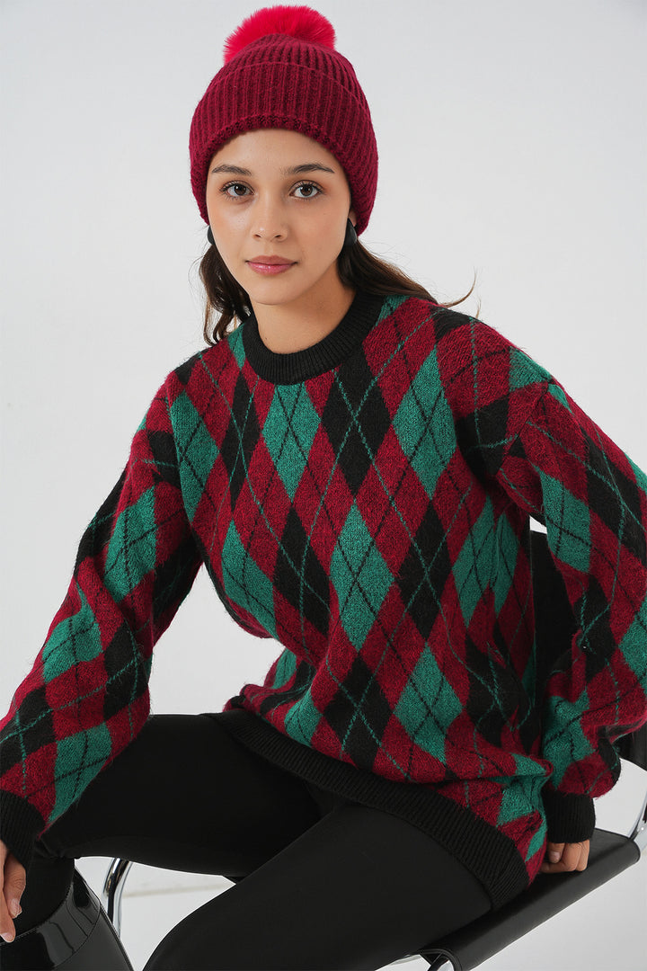 BGD Women Woman Baklava Patterned Sweater 15929 - Burgundy - Krems an der Donau