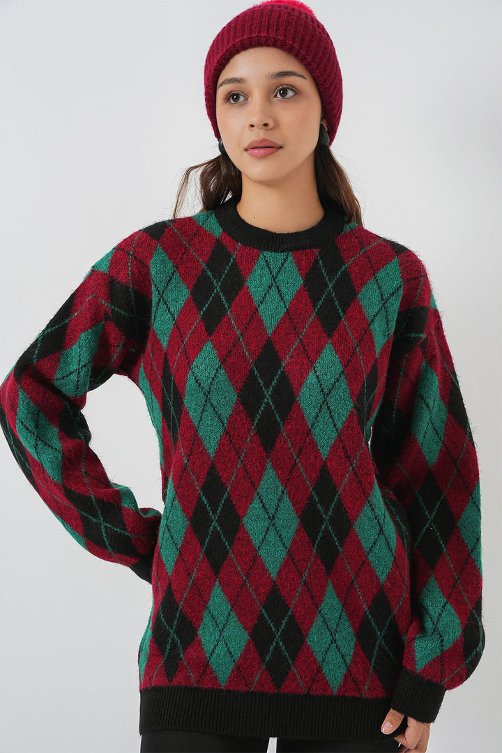 BGD Women Woman Baklava Patterned Sweater 15929 - Burgundy - Krems an der Donau