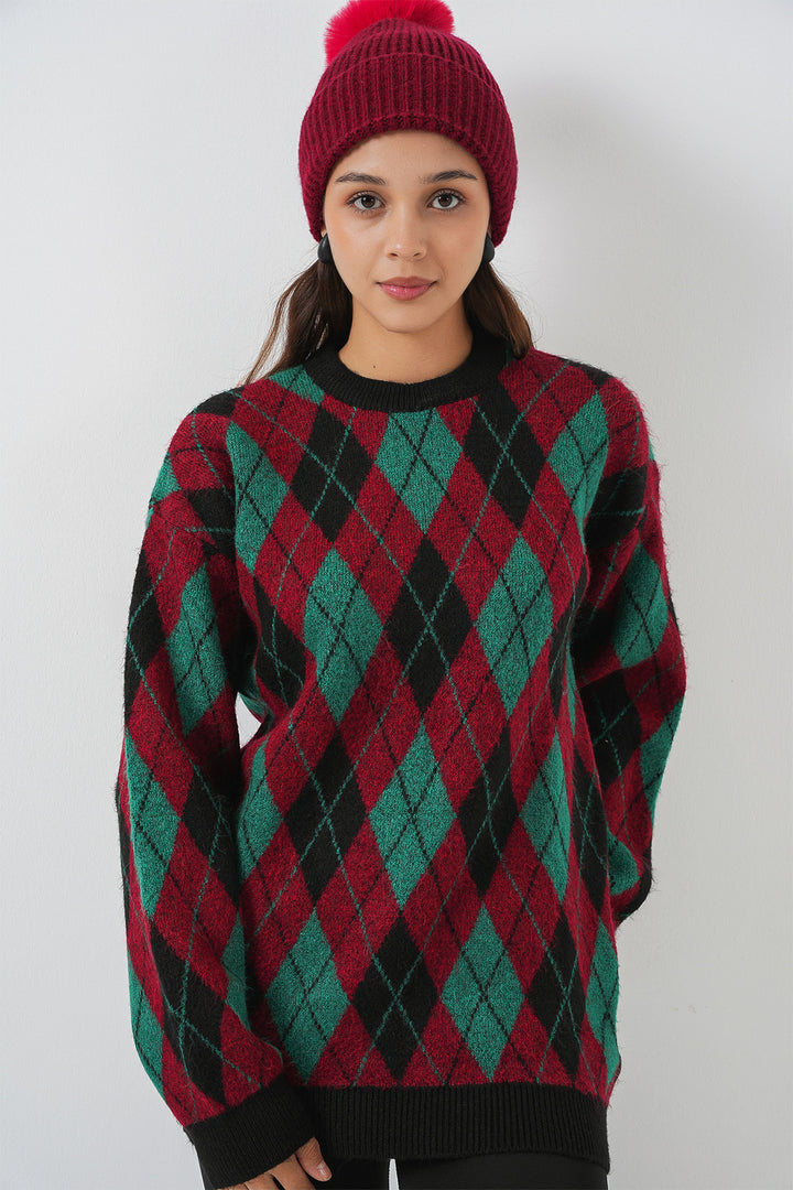 BGD Women Woman Baklava Patterned Sweater 15929 - Burgundy - Krems an der Donau