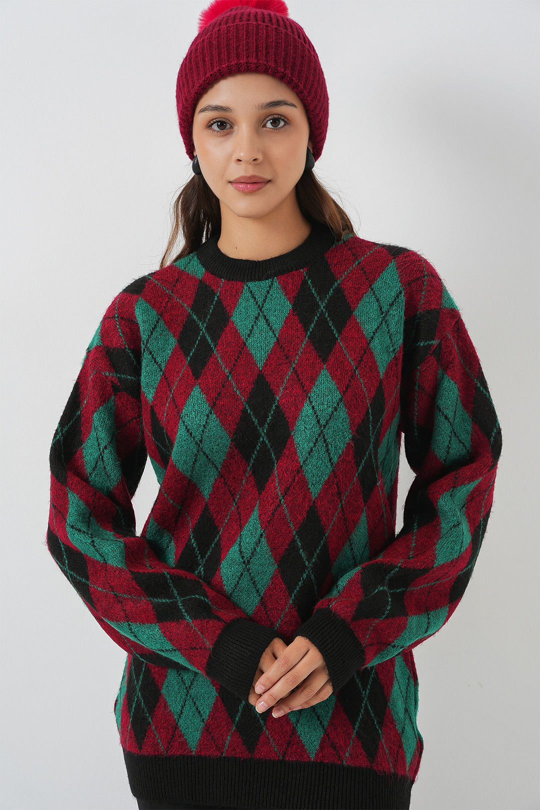 BGD Women Woman Baklava Patterned Sweater 15929 - Burgundy - Krems an der Donau