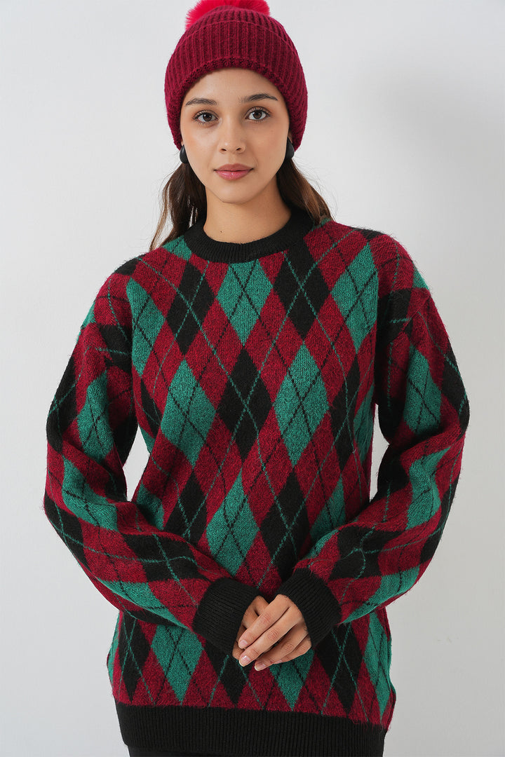 BGD Women Woman Baklava Patterned Sweater 15929 - Burgundy - Krems an der Donau