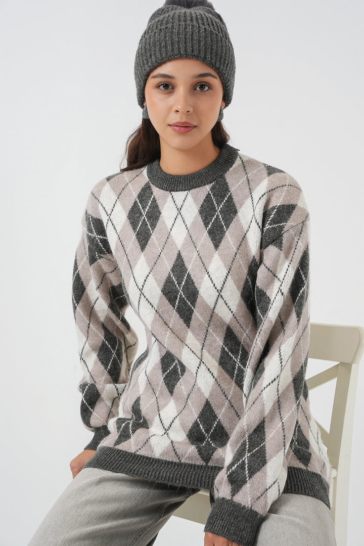 BGD Women Woman Baklava Patterned Sweater 15929 - Gray - Gijón