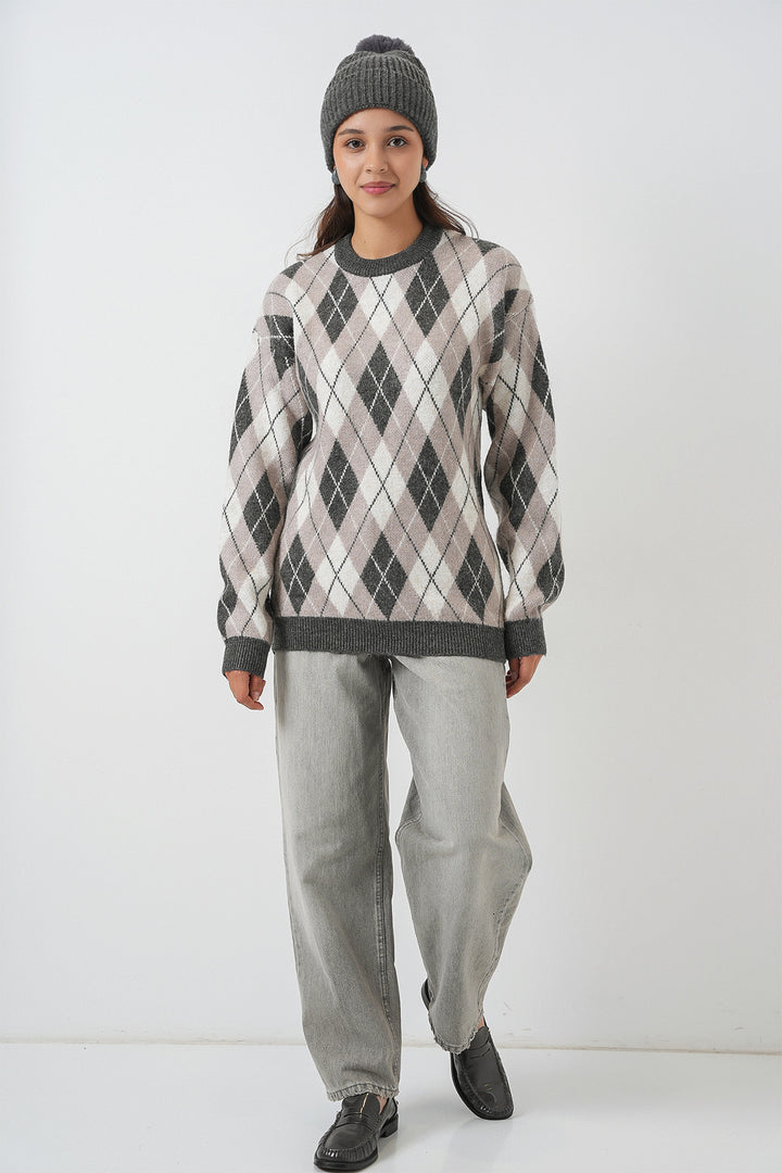 BGD Women Woman Baklava Patterned Sweater 15929 - Gray - Gijón