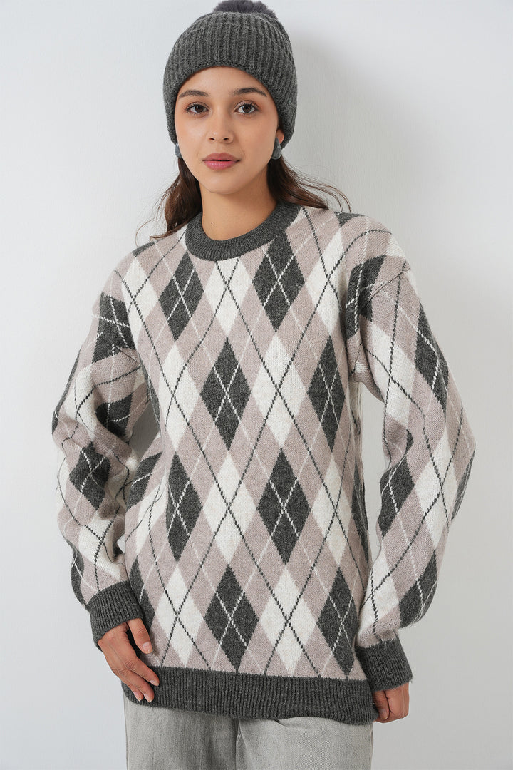 BGD Women Woman Baklava Patterned Sweater 15929 - Gray - Gijón