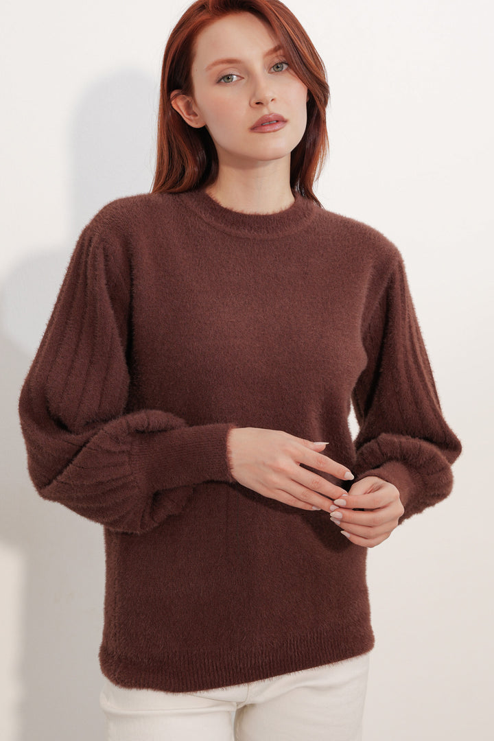 BGD Women Kadın Balon Kol Oversize Triko Kazak 15973 - Kahverengi - Hilliard