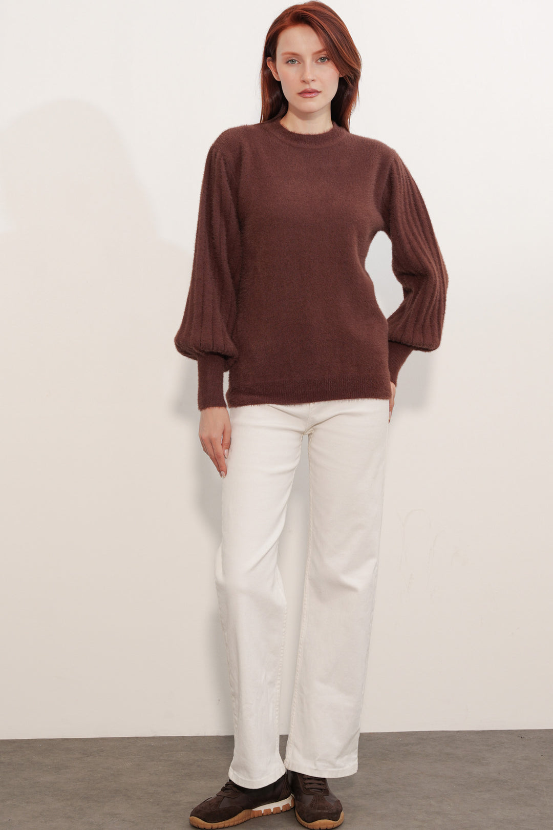 BGD Women Kadın Balon Kol Oversize Triko Kazak 15973 - Kahverengi - Hilliard