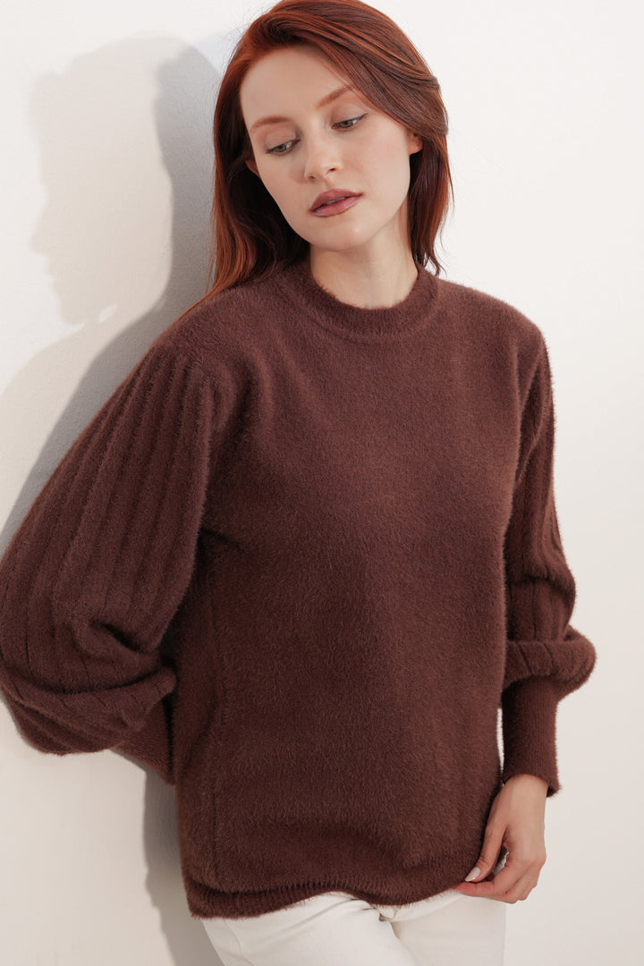 BGD Women Kadın Balon Kol Oversize Triko Kazak 15973 - Kahverengi - Hilliard
