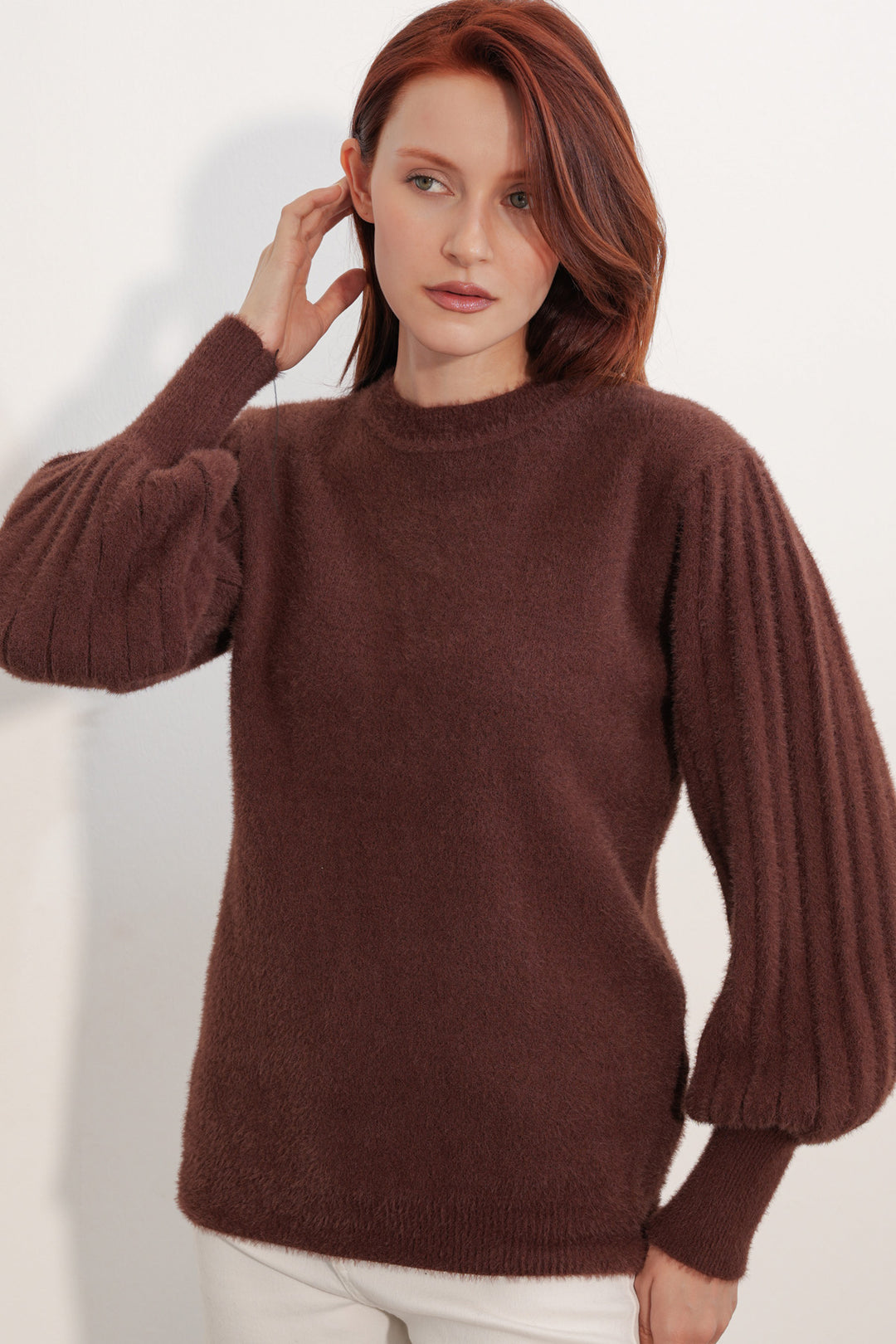 BGD Women Kadın Balon Kol Oversize Triko Kazak 15973 - Kahverengi - Hilliard