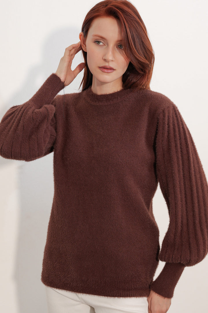 BGD Women Kadın Balon Kol Oversize Triko Kazak 15973 - Kahverengi - Hilliard