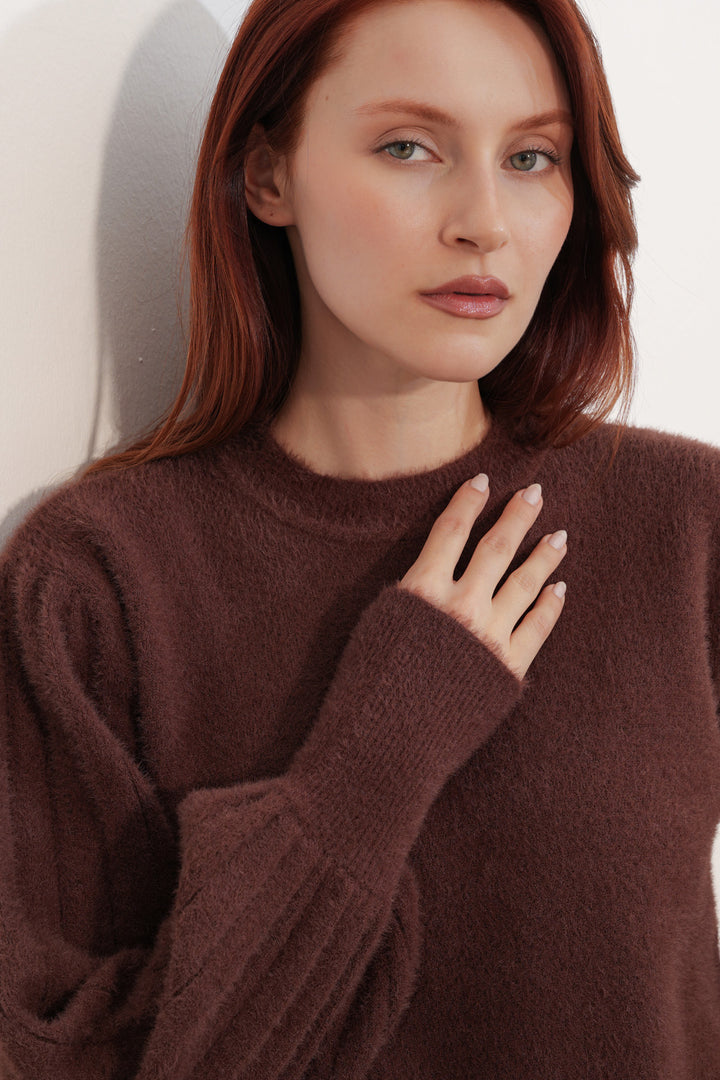 BGD Women Kadın Balon Kol Oversize Triko Kazak 15973 - Kahverengi - Hilliard