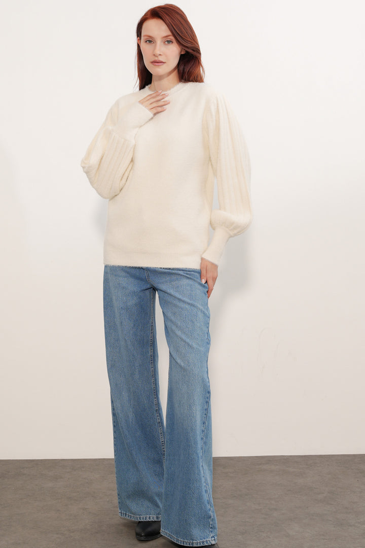 BGD Women Kadın Balon Kol Oversize Triko Kazak 15973 - Krem - Nueva Rosita