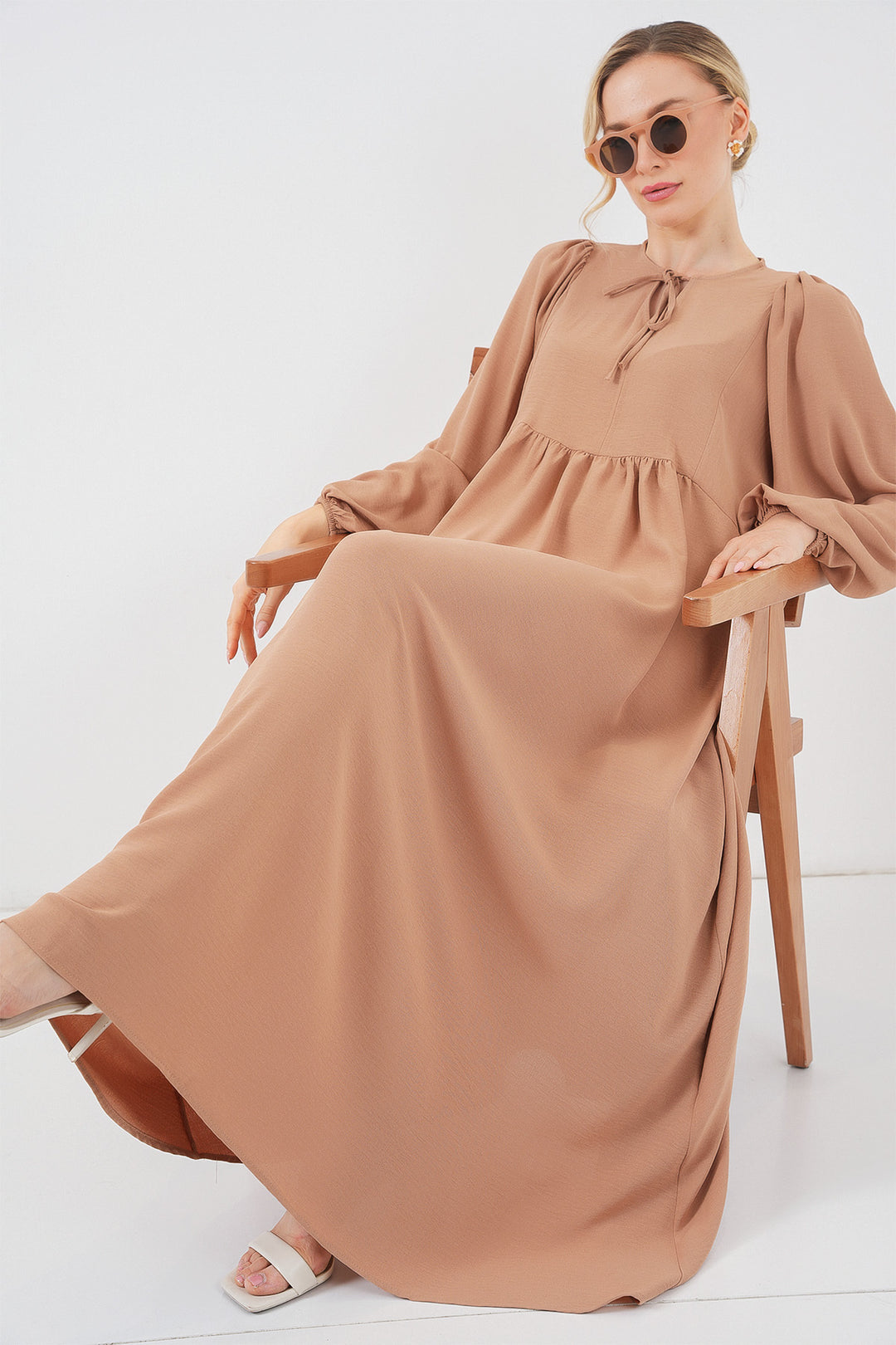 BGD Women Woman Balloon Sleeve Long Hijab Dress 2464 - Biscuit - Ciudad López Mateos
