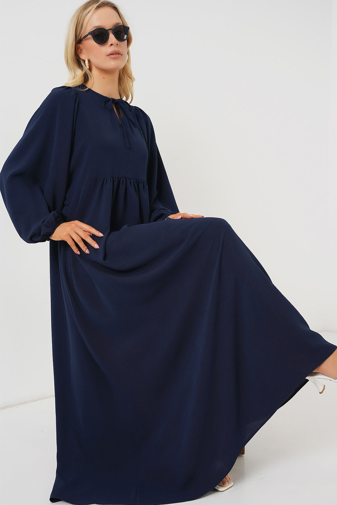 BGD Women Woman Balloon Sleeve Long Hijab Dress 2464 - Navy Blue - Shreveport