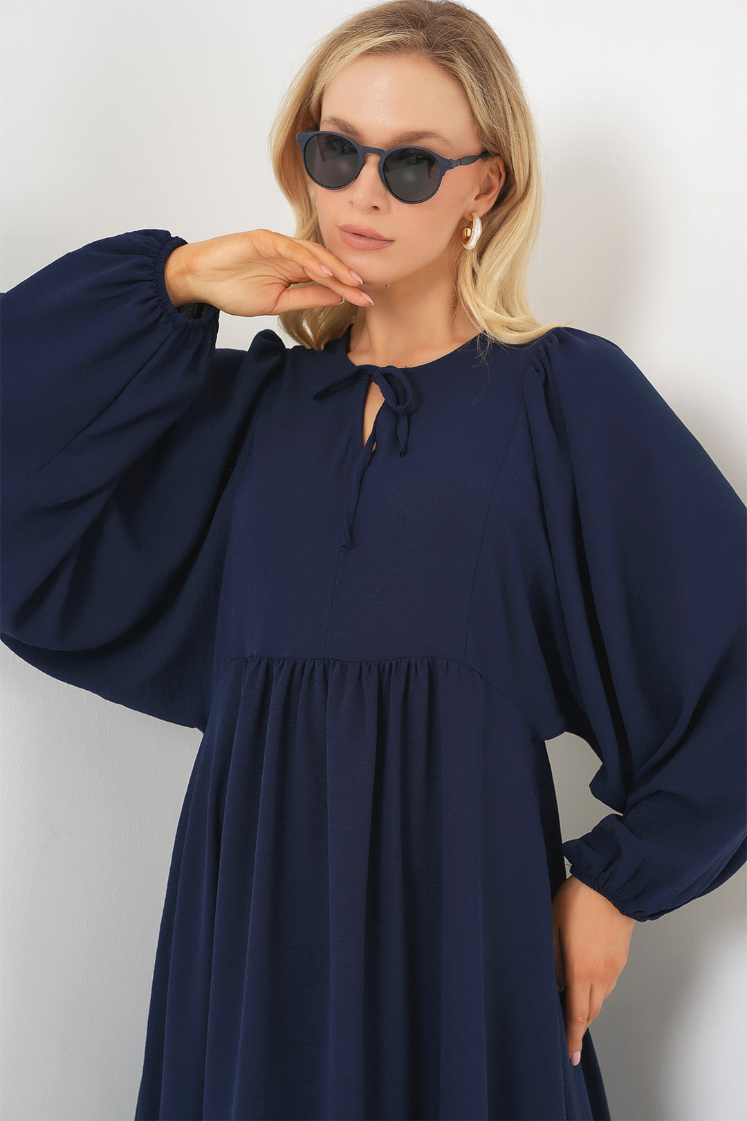 BGD Women Woman Balloon Sleeve Long Hijab Dress 2464 - Navy Blue - Shreveport