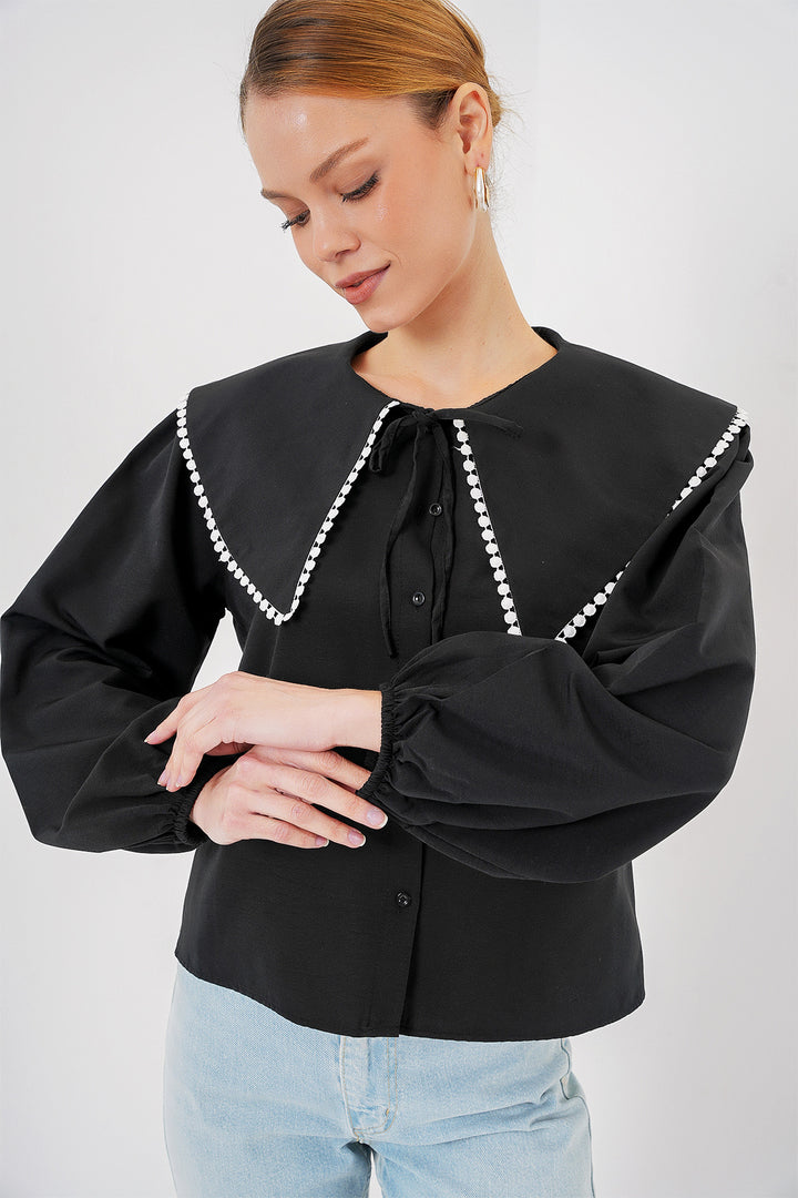 BGD Women Women's Baby Collar Shirt 20314 - Black - Garland