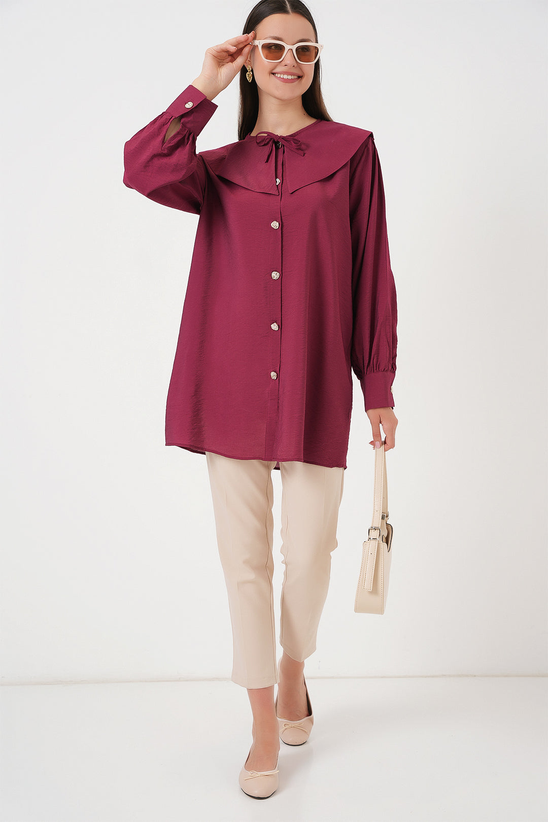 BGD Women Woman Baby Collar Long Tunic 5967 - Burgundy - Tizayuca