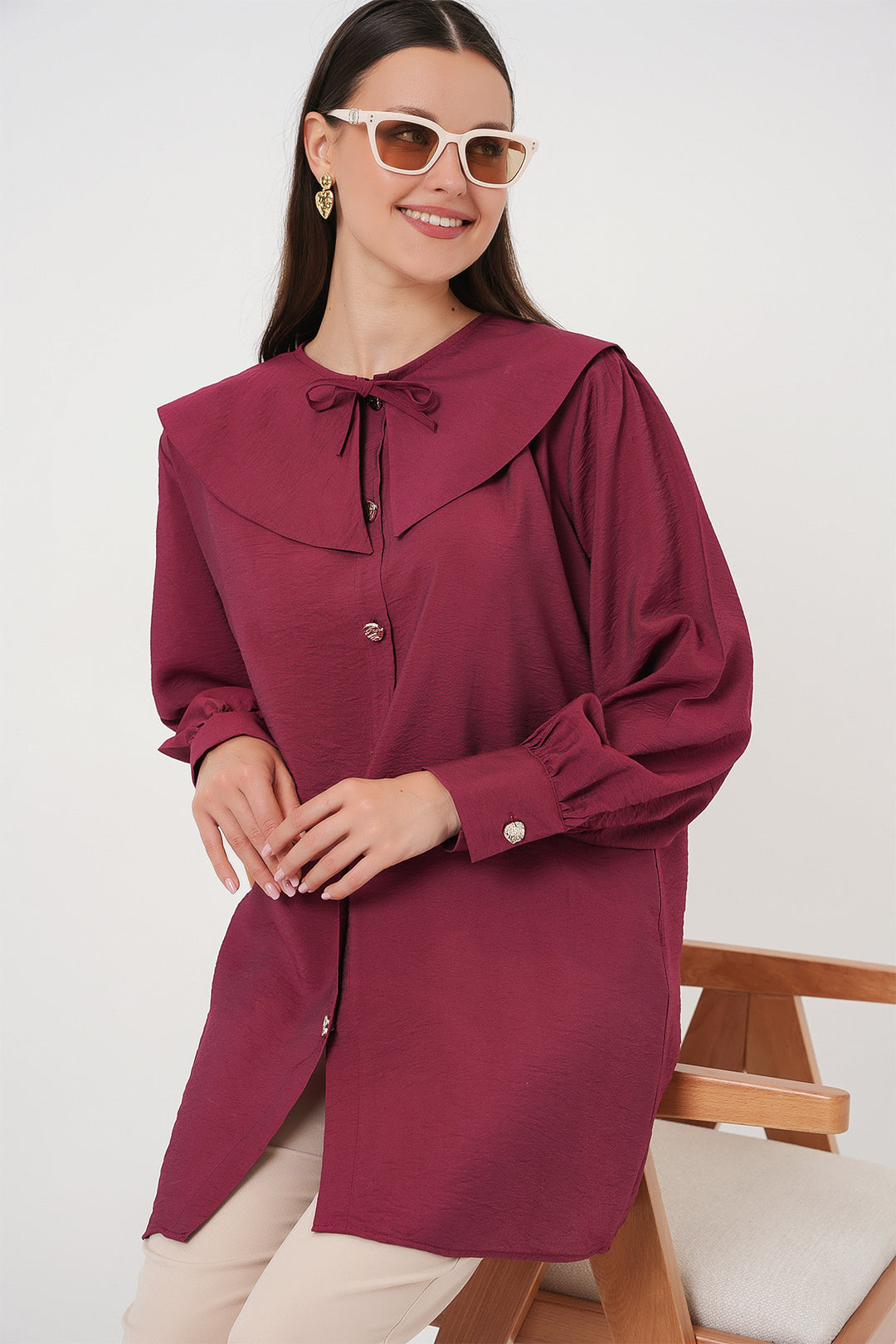BGD Women Woman Baby Collar Long Tunic 5967 - Burgundy - Tizayuca