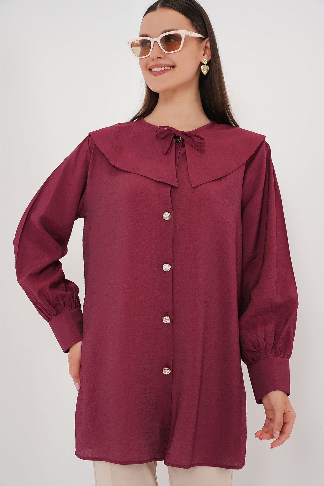 BGD Women Woman Baby Collar Long Tunic 5967 - Burgundy - Tizayuca