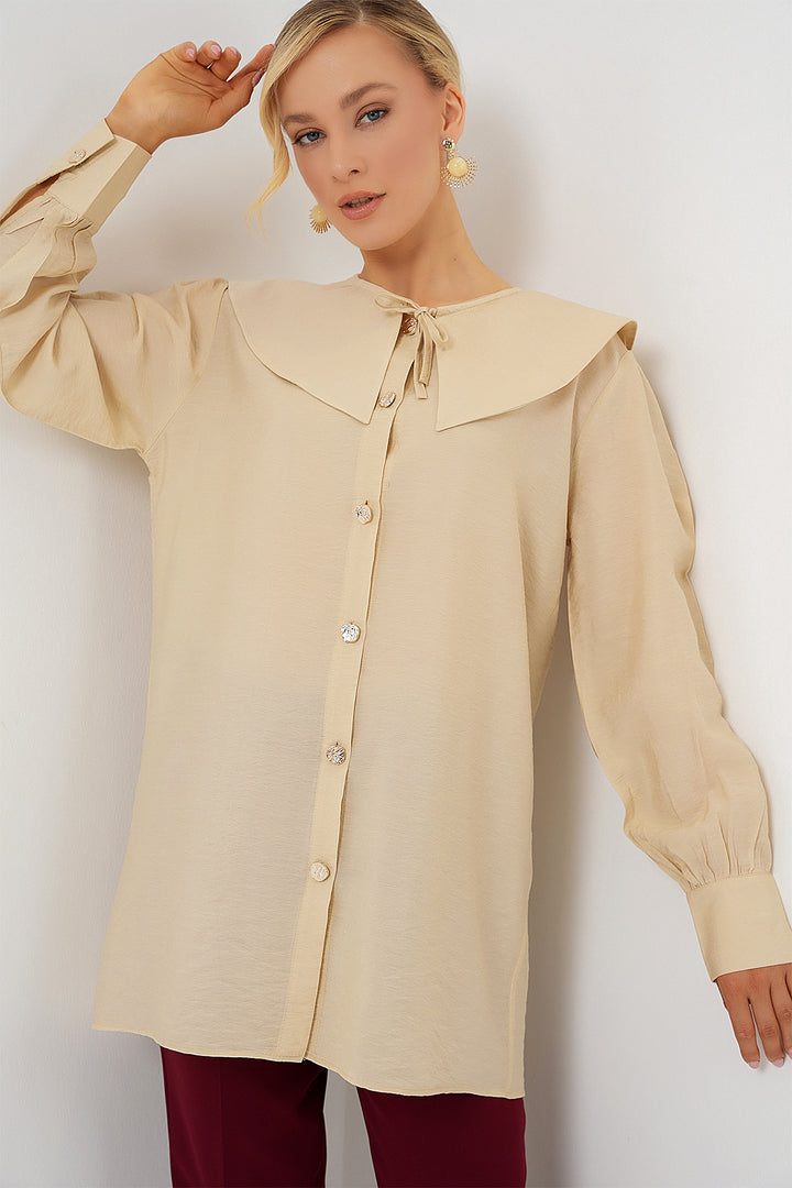 BGD Women Woman Baby Collar Long Tunic 5967 - Cream - Taranto
