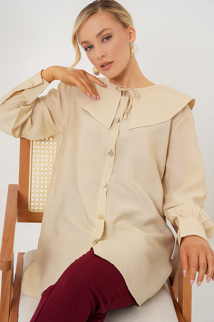 BGD Women Woman Baby Collar Long Tunic 5967 - Cream - Taranto