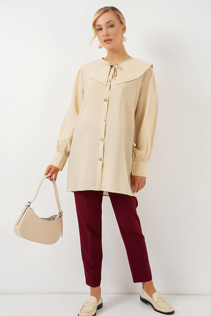 BGD Women Woman Baby Collar Long Tunic 5967 - Cream - Taranto