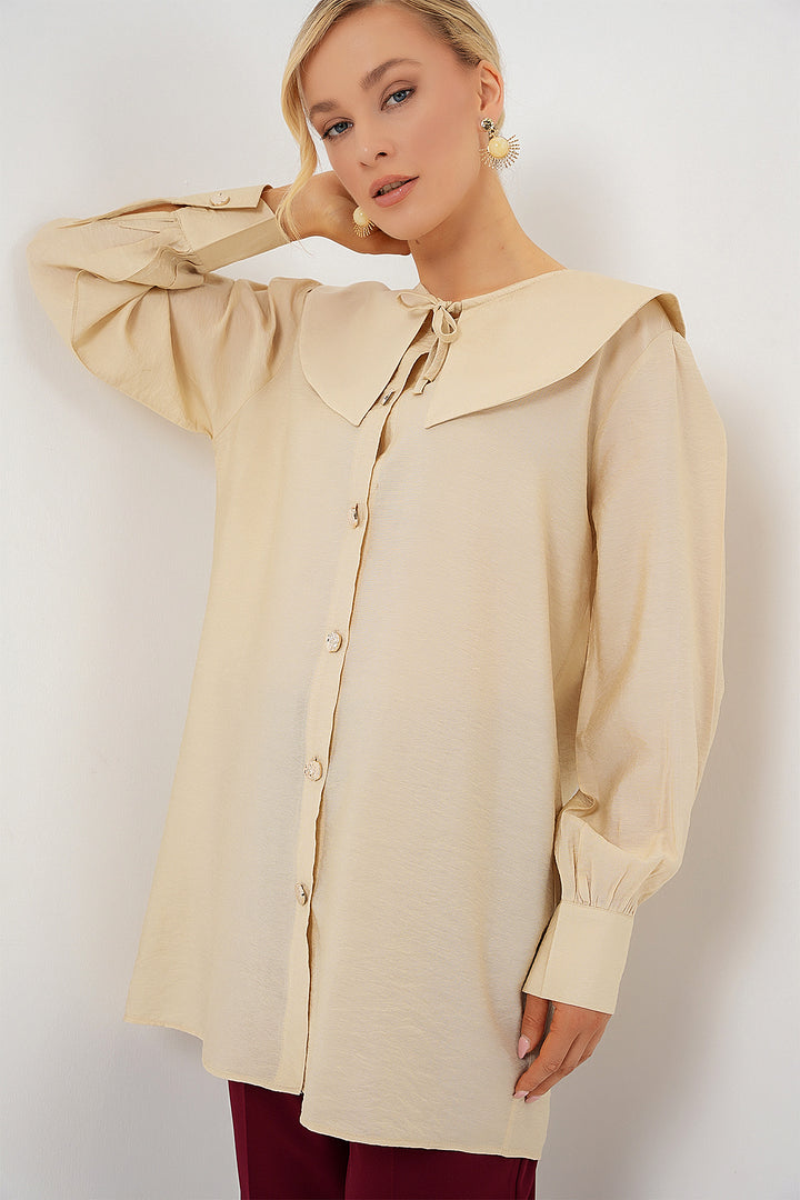 BGD Women Woman Baby Collar Long Tunic 5967 - Cream - Taranto