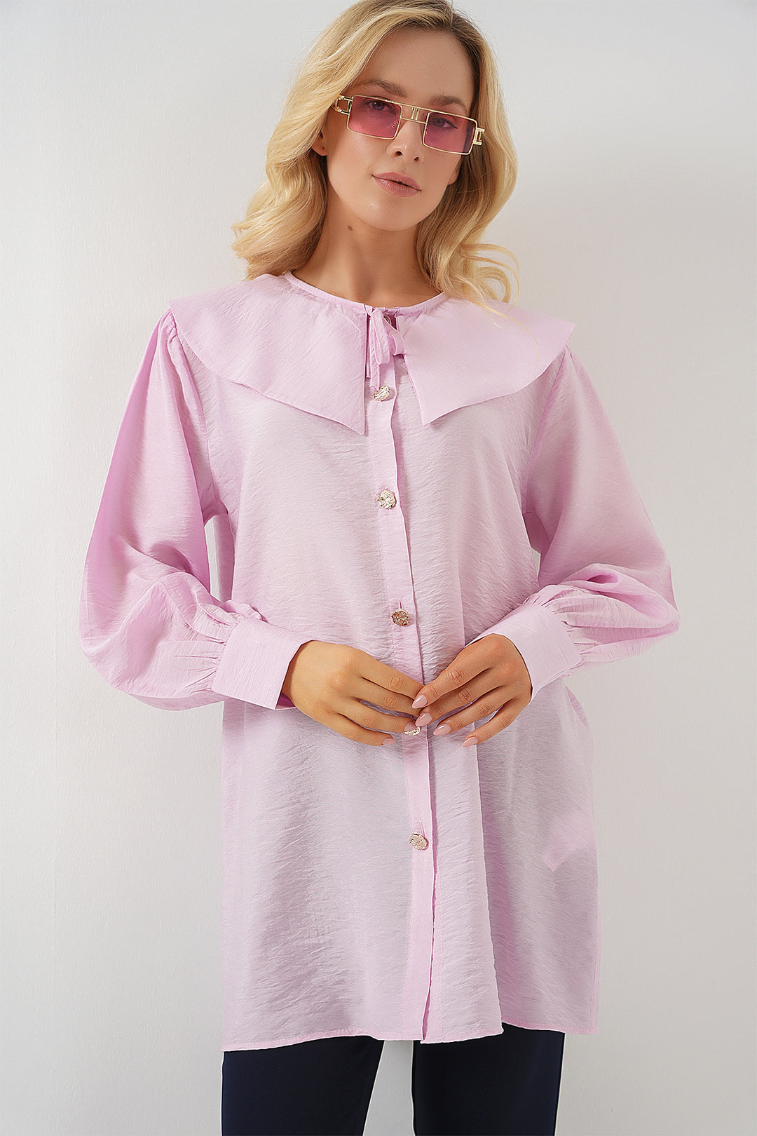 BGD Women Women's Baby Collar Long Tunic 5967 - Powder - Kutaisi