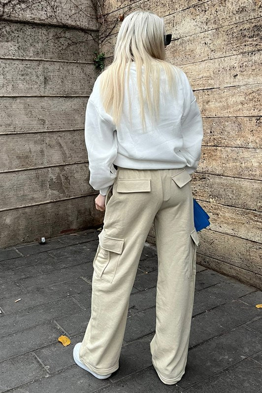MDX Woman Beige Wide Leg Cargo Pocket Sweatpants MG1615 - Goshen