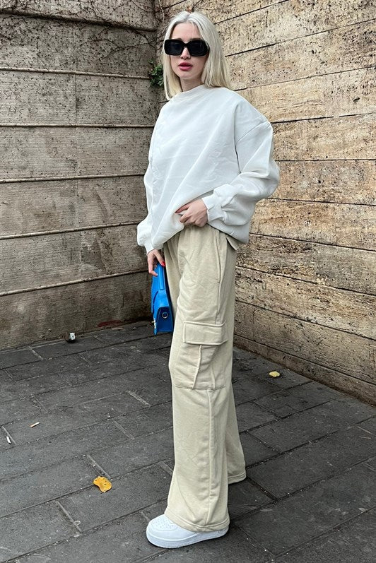 MDX Woman Beige Wide Leg Cargo Pocket Sweatpants MG1615 - Goshen