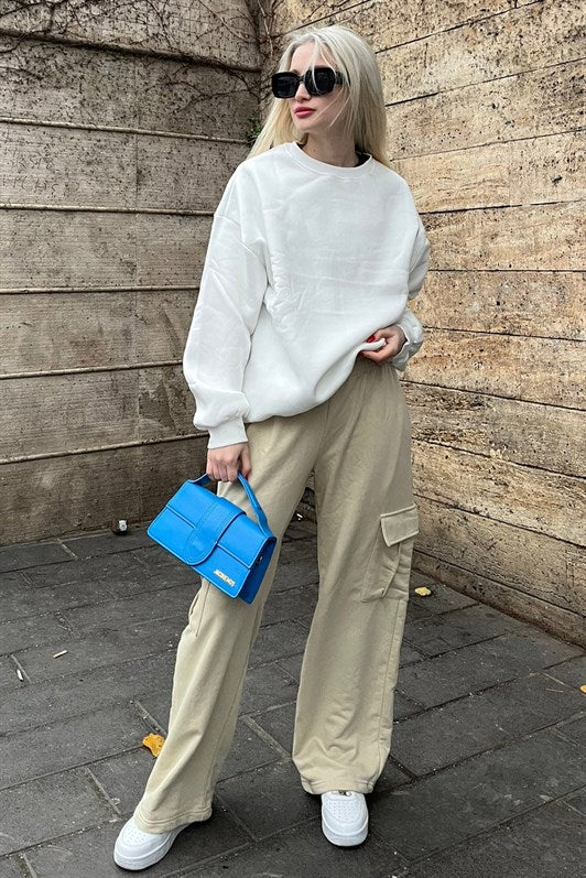 MDX Woman Beige Wide Leg Cargo Pocket Sweatpants MG1615 - Goshen