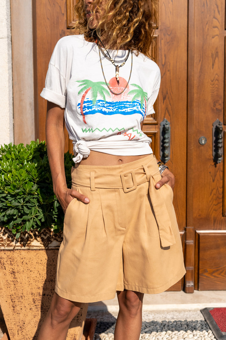 GNS Women's Beige Linen Belted Pleated Casual Shorts BST7094 - Tlacotepec