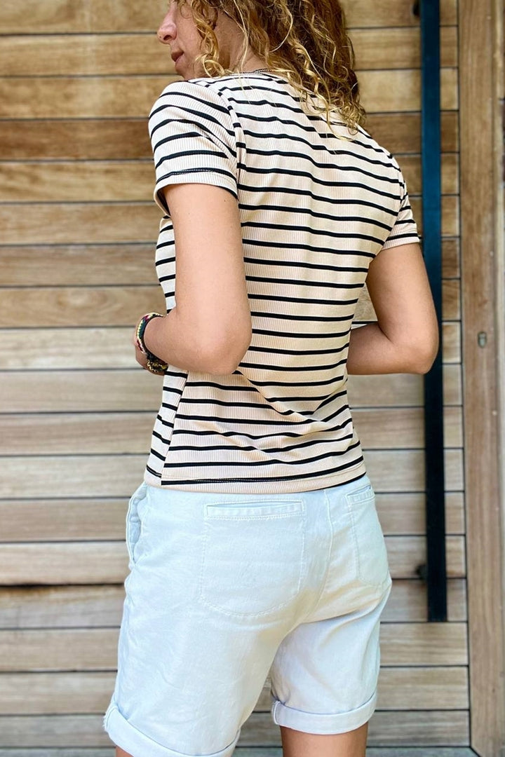 GNS Woman Beige Half Sleeve Self Patterned T-Shirt BST700-3597 - Ródos