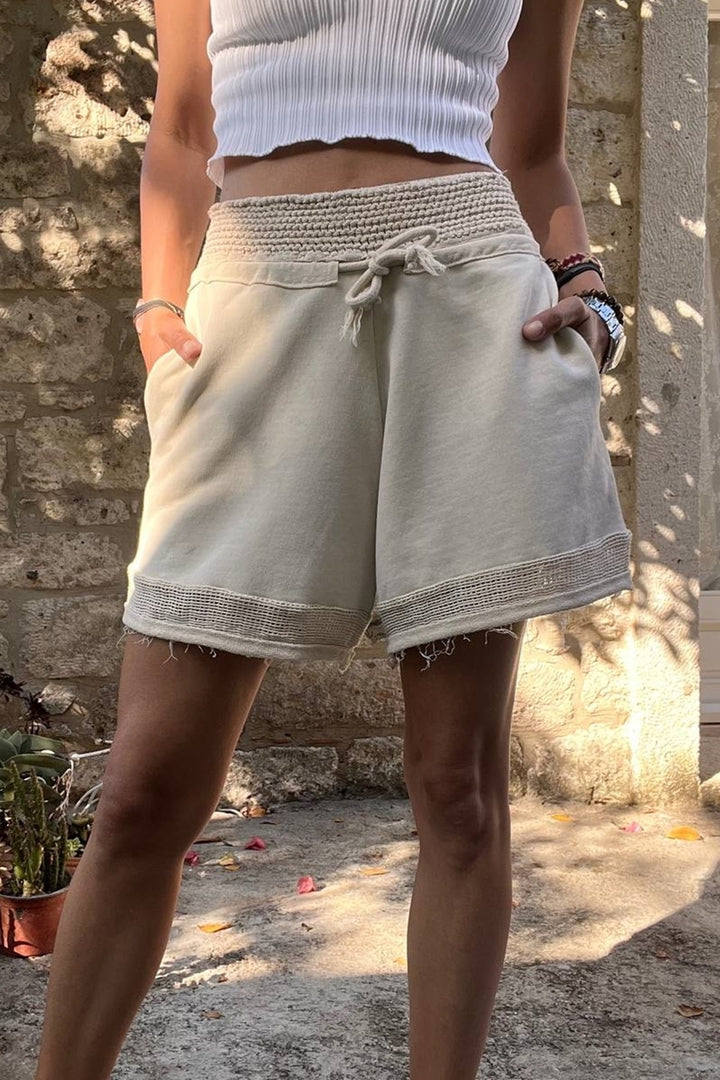 GNS Women's Beige Washed High-Waisted Elasticated Waist Loose Shorts with Mesh Detail Pockets RSD1154 - Oildale