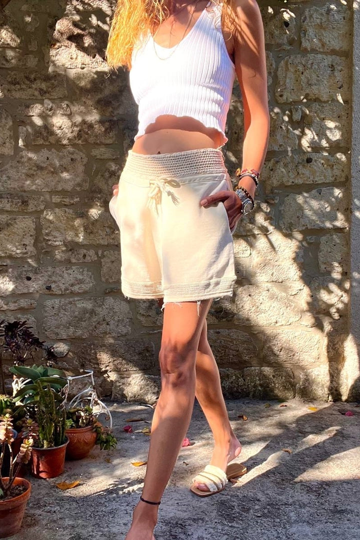 GNS Women's Beige Washed High-Waisted Elasticated Waist Loose Shorts with Mesh Detail Pockets RSD1154 - Oildale
