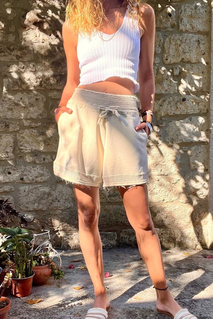 GNS Women's Beige Washed High-Waisted Elasticated Waist Loose Shorts with Mesh Detail Pockets RSD1154 - Oildale