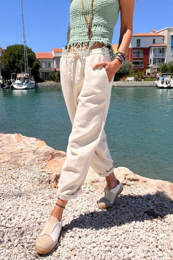 GNS Woman Beige Washed Pocketed Elastic Waist Loose Fit Pants RSD1135 - St. Charles
