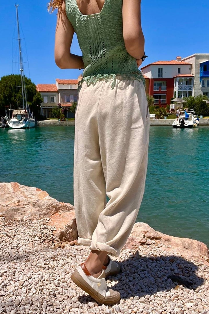 GNS Woman Beige Washed Pocketed Elastic Waist Loose Fit Pants RSD1135 - St. Charles
