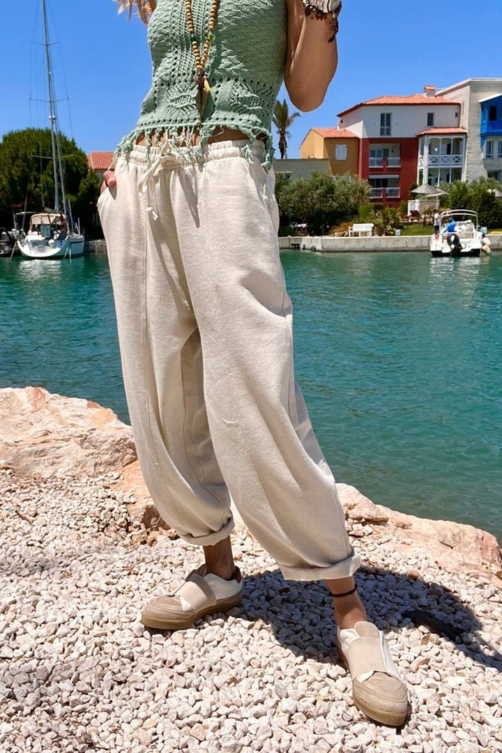 GNS Woman Beige Washed Pocketed Elastic Waist Loose Fit Pants RSD1135 - St. Charles