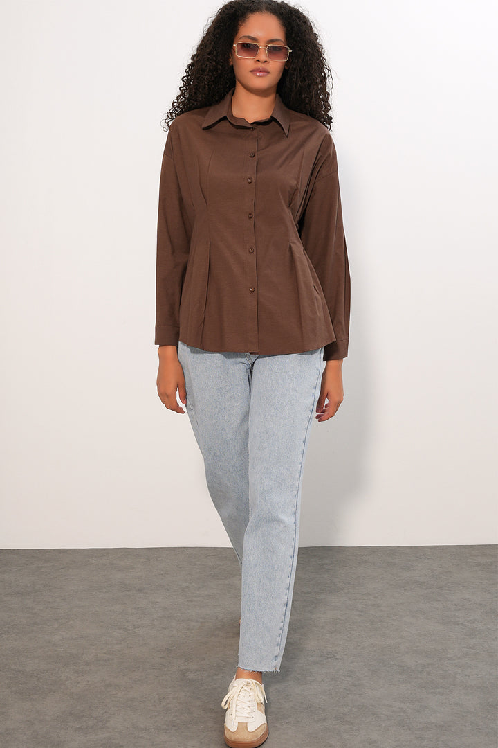 BGD Women Kadın Belden Oturtmalı Poplin Gömlek 20384 - Kahverengi - Louisville