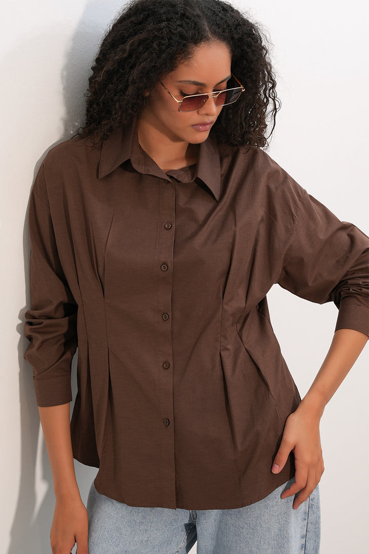 BGD Women Kadın Belden Oturtmalı Poplin Gömlek 20384 - Kahverengi - Louisville