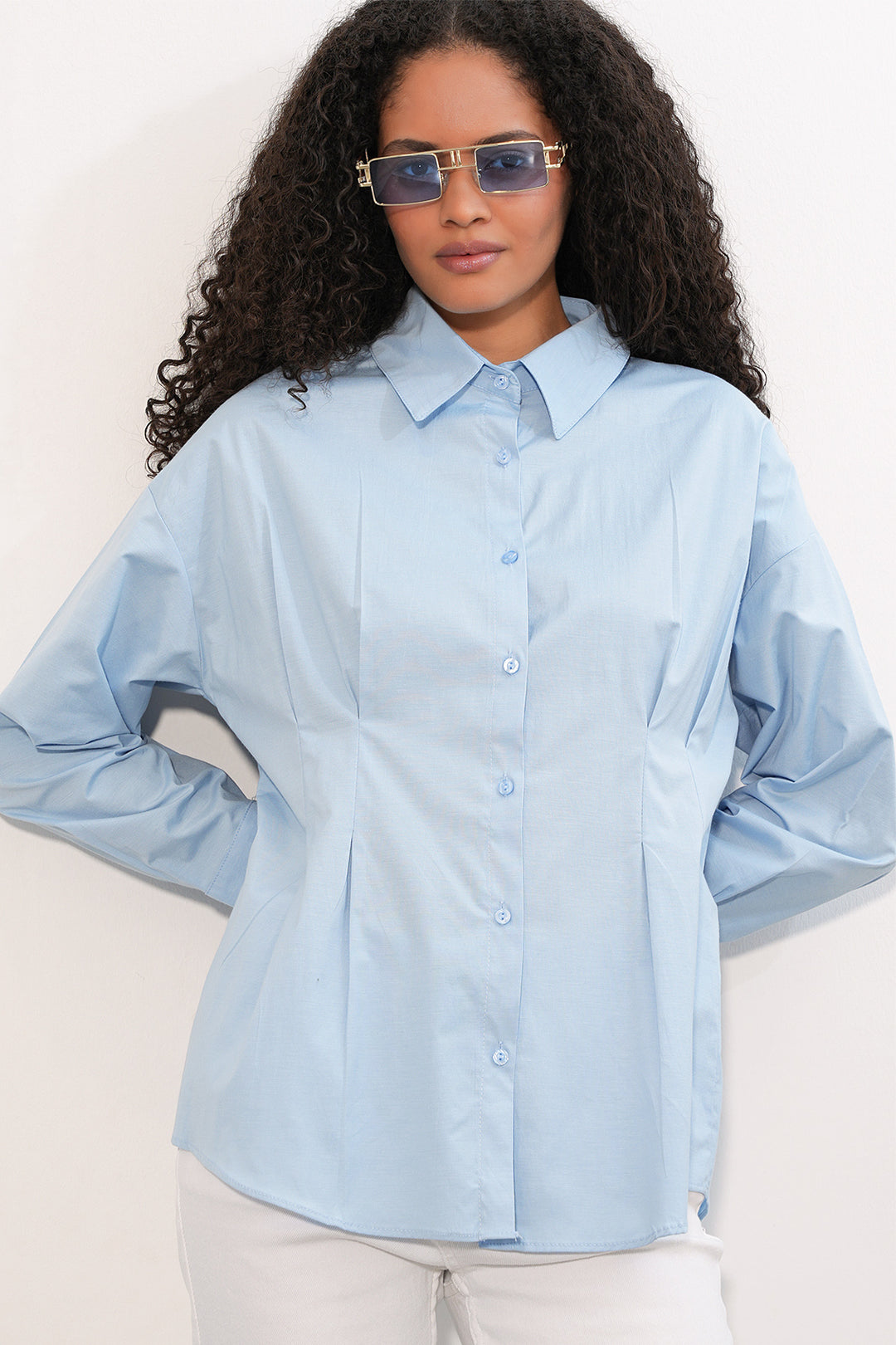 BGD Women Kadın Belden Oturtmalı Poplin Gömlek 20384 - Mavi - Gotha