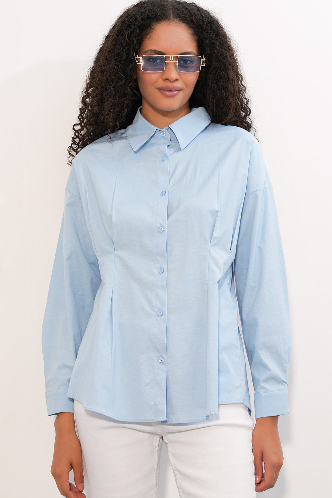 BGD Women Kadın Belden Oturtmalı Poplin Gömlek 20384 - Mavi - Gotha