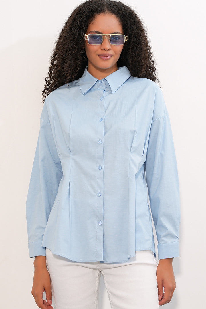 BGD Women Kadın Belden Oturtmalı Poplin Gömlek 20384 - Mavi - Gotha