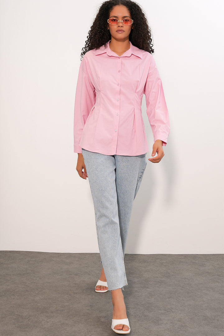 BGD Women Kadın Belden Oturtmalı Poplin Gömlek 20384 - Pembe - Woodley