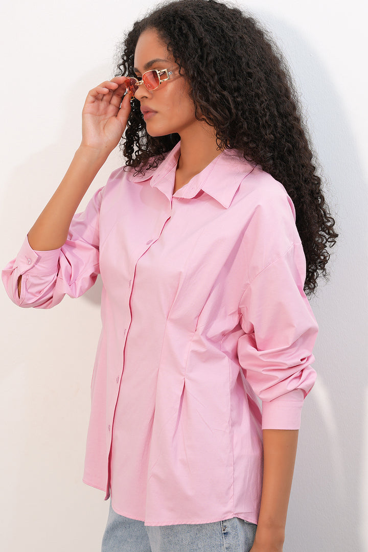BGD Women Kadın Belden Oturtmalı Poplin Gömlek 20384 - Pembe - Woodley