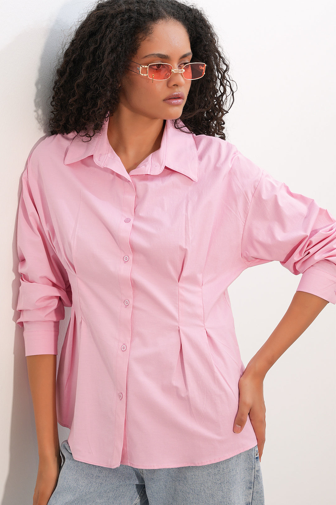 BGD Women Kadın Belden Oturtmalı Poplin Gömlek 20384 - Pembe - Woodley