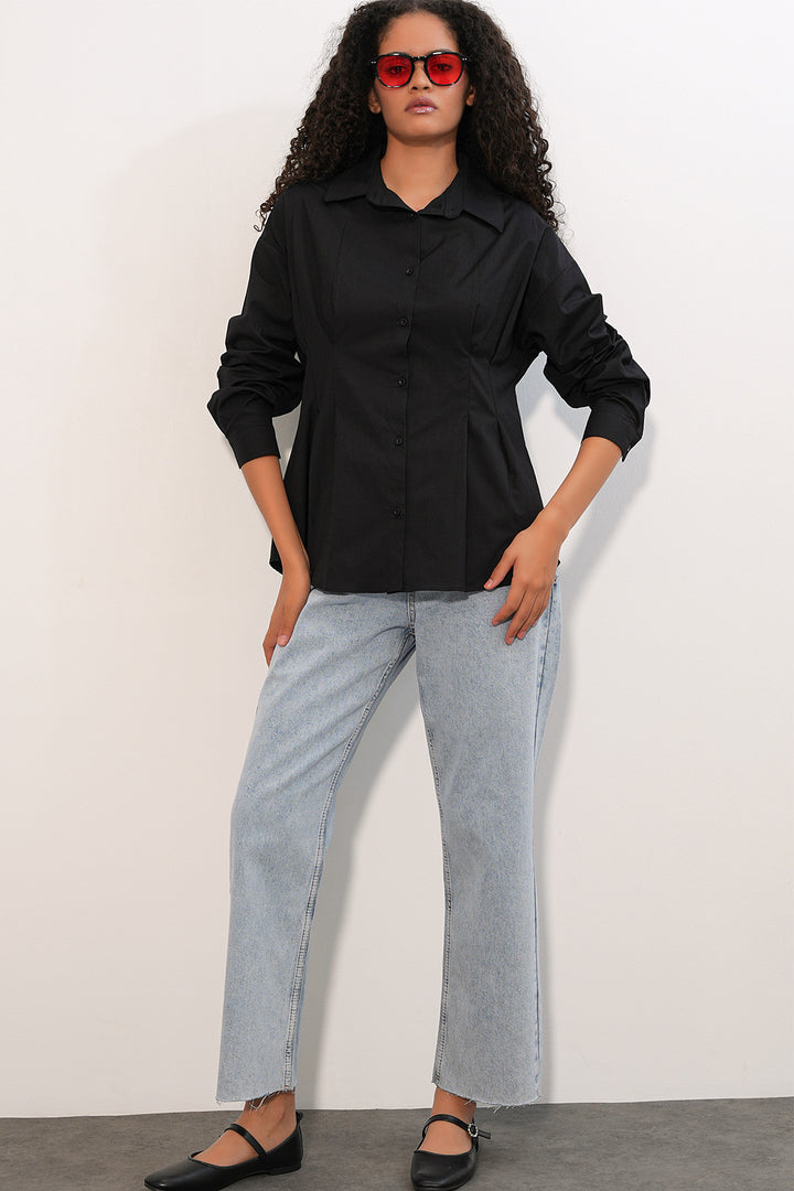 BGD Women Kadın Belden Oturtmalı Poplin Gömlek 20384 - Siyah - Hemet
